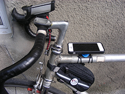 Harriet's bike with iPhone, bag, lights
