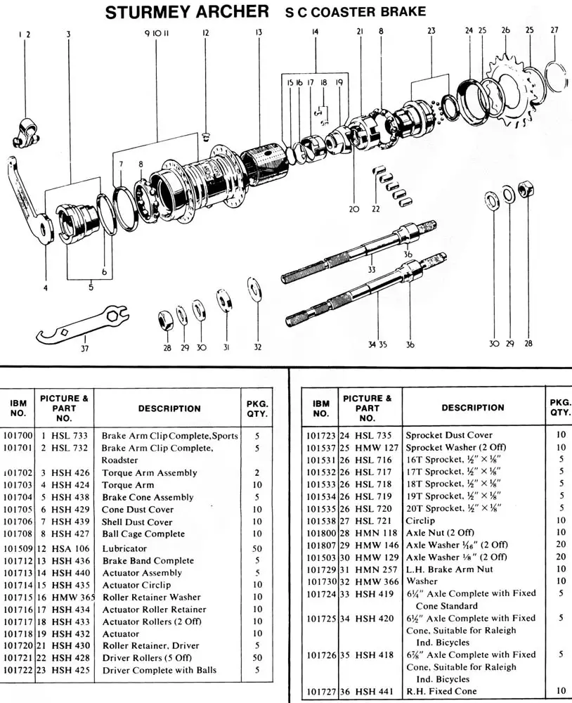 Raleigh sc-coaster-brake Bicycle Exploded Drawing from 1977 Raleigh